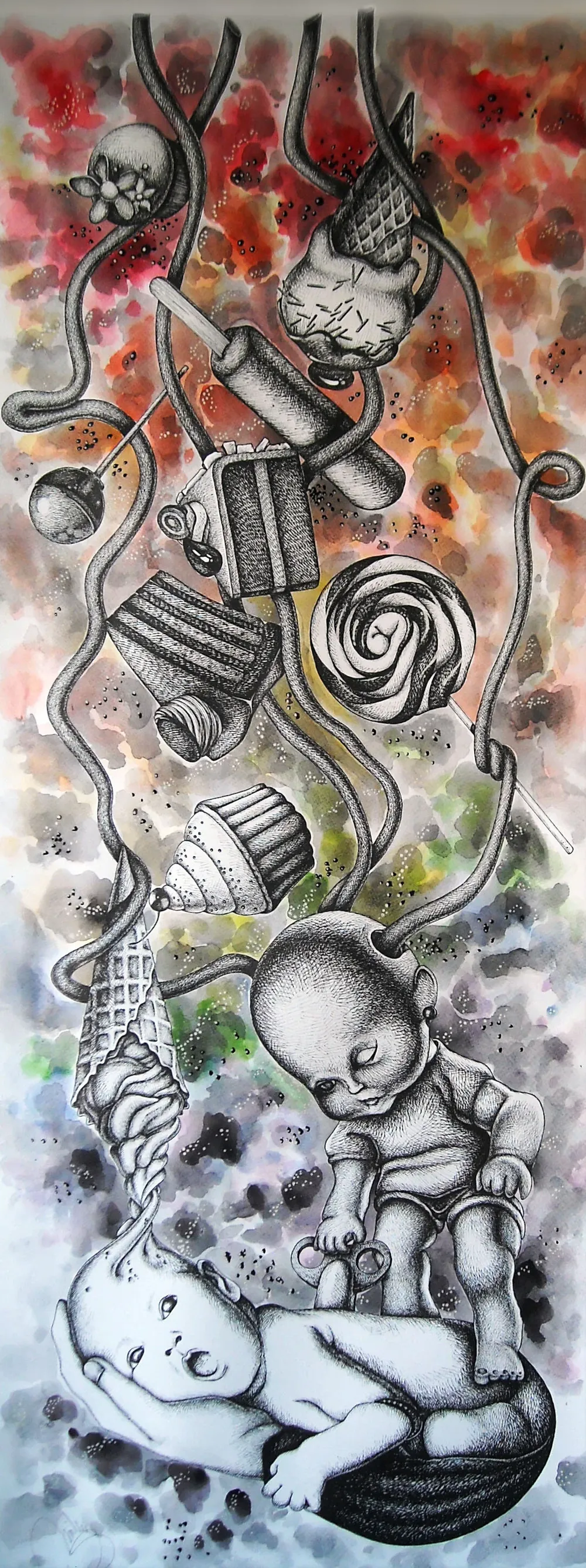“Meditation” - 40/100 cm; ink + watercolor on paper;